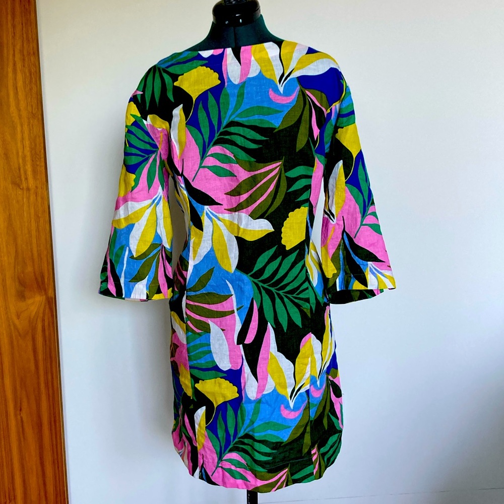 Boden Tropical Leaf Print Linen Boat Neck Summer Dress